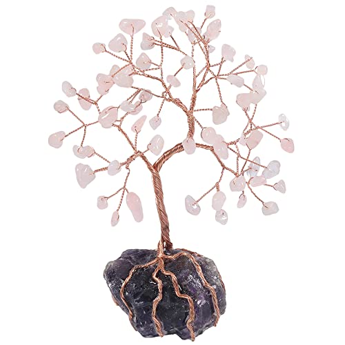 Nupuyai Rose Quartz Crystal Money Tree with Raw Amethyst Stone Base