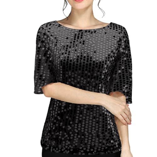 Duohropke Damen Glitzer Shirt Kurzarm Oberteile Schön Glänzend Pailletten Tops Tshirt Elegant Festlich Damenbluse Mode Party Wedding Glitzertop Bluse