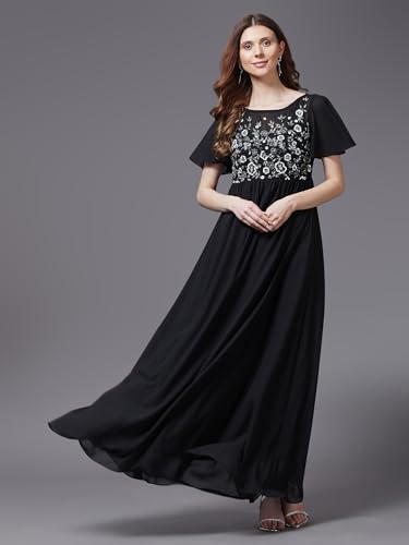 Image of Miss Chase Women's Round Neck Sleeve Embellished Fit Flare Maxi Dress