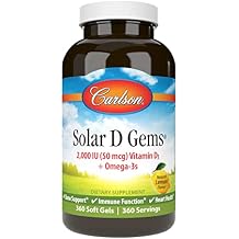 Carlson - Solar D Gems, Vitamin D3 and Omega-3 Supplement, 2000 IU 50 mcg Vitamin D3, 115 mg Omega-3s EPA and DHA Supplement, Wild Caught, Sustainably Sourced, Lemon, 360 Softgels