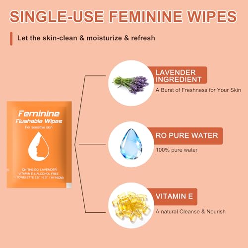 Image of twoworld 50 Feminine Wipes Flushable Travel Individually Wrapped | Travel Wipes for Women,Feminine Care Wet Wipes Travel Size Vaginal Wipes for Adult,Girl and Homeless(Lavender)