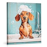 YJIKRTVT Funny Dachshund Bathroom Canvas Wall Art, Dachshund in Tub Wall Decor, Cute Animal Bath Scene Painting Print Artwork for Bathroom Toilet Restroom Home Decor 8x10 Inches