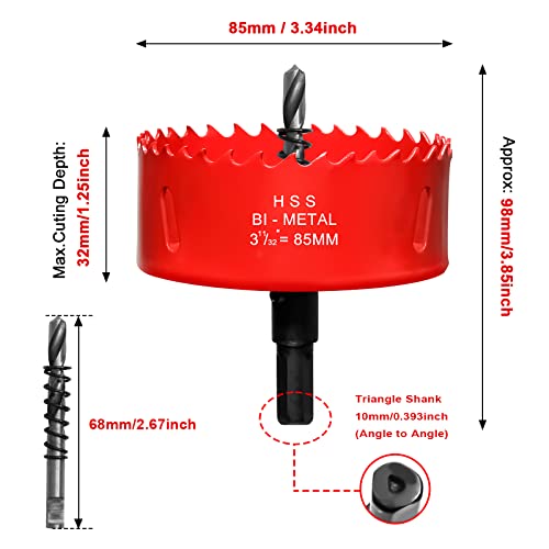 85mm Hole Saws Cutter, HSS Bi-Metal Drill Bit for Wood Plastic, UPVC, Fiberglass and Plasterboard, Red - Image 3