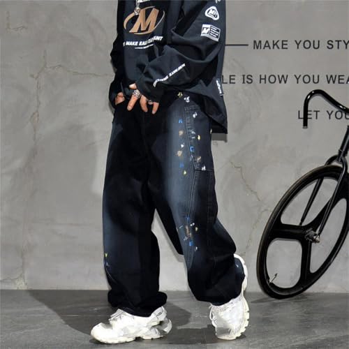 Men’S Hip Hop Hand-Painted Splash Baggy Straight Pants Button Fly Midweight Distressed Skateboard Full Length Jeans2