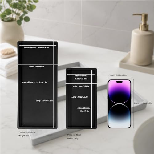 Image of BBK Bathroom Vanity Tray- 2 Pack (7.8 inch and 11.8 inch) Silicone Bathroom Tray for Counter, for Perfume Key Trinket Ring Soap Organization - Black