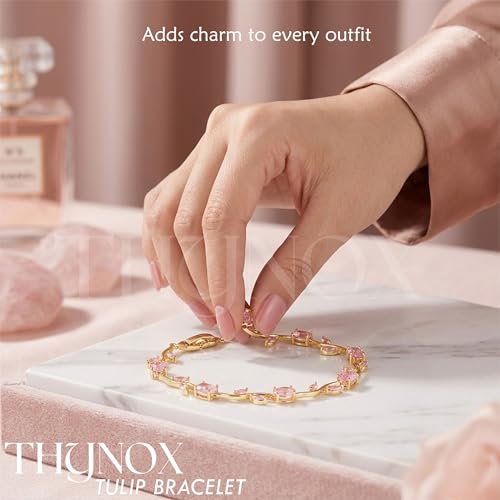 Image of THYNOX Tulip Bracelet for Women Stylish | Gold Plated Crystal Floral Jewellery | Adjustable Chain Wrist for Women & Girls Stylish | Elegant Tulip Bracelet for Women, Party & Daily Wear Accessory