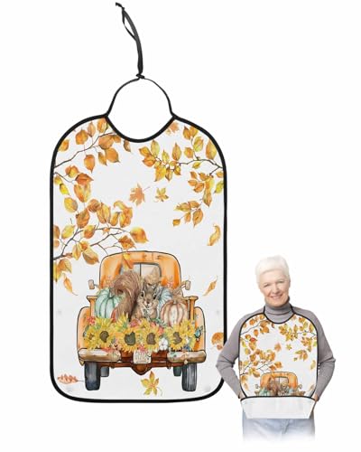 Onekaccu Orange Truck Pumpkin Adult Bibs for Elderly Women Men Washable Bibs for Eating, Fall Maple Leaves Thanksgiving Sunflower Waterproof Clothing Protectors Adult Bibs with Crumb Catcher