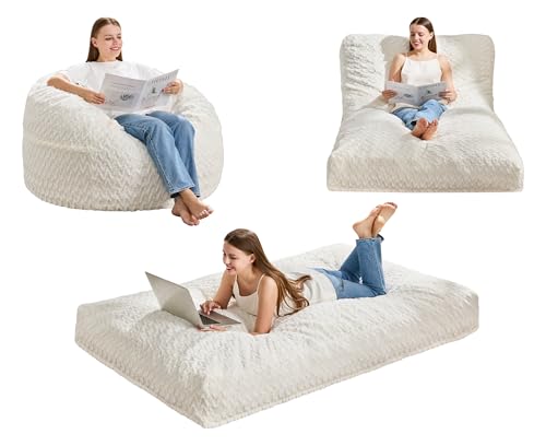Hobestluk Bean Bag Chair Convertible Beanbag Chairs for Adults, 3 in 1 Bean Bags with Plush Chevron Cover, Adult Bean Bag Chair for Living Room, Bedroom (White, Twin)