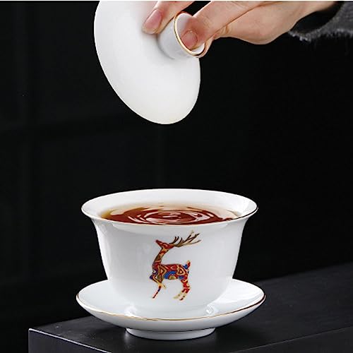 Image of Porcelain Gaiwan 8oz Teacup White Glazed Tureen Chinese Sancai Cover Bowl Lip Cup Saucer Set (Red Deer)