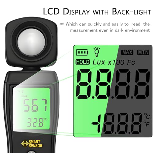 Digital Light Meter, Backlit LCD Display Lux/Foot Candles Meter with 180º Rotating Sensor, Range up to 200,000 Lux Luxmeter,for Photography Plants Lighting Intensity Brightness Measurement - Thumbnail 3