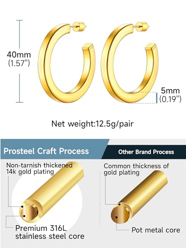 Image of Stainless Steel Chunky Hoop Earrings For Women, Minimalist and Chic, Black /Gold Plated, Round Hoops Earrings Hypoallergenic, Size: 30mm /40mm /60mm /80mm, Come with Box