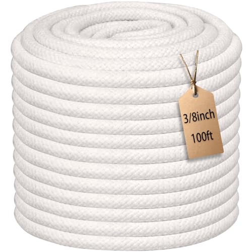 JANJOSN 100 Feet 3/8 Inch Braided Cotton Rope - Soft White Cotton Rope for Clothesline Swing DIY Baskets