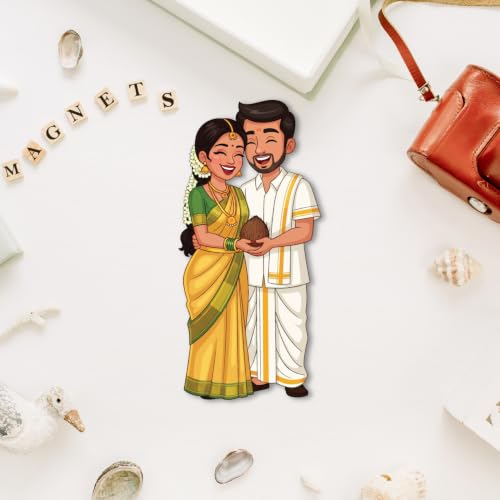 Image of Bhai Please South Indian Couple Theme Wooden Fridge Magnet - Couple Gift
