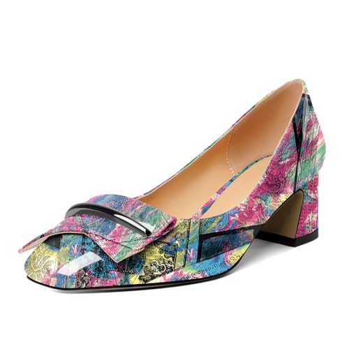 Joseywade Low Block Chunky Heels Slip on Women's Square Toe Pumps 2 Inches Closed Toe Dress Shoes for Pary Dress Work Office Workplace with Bow Patent Newspaper Pink Size 8