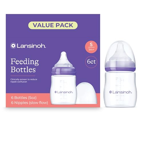 Image of Lansinoh Anti-Colic Baby Bottles for Breastfeeding Babies, 5 Ounces, 3 Count, Includes 3 Slow Flow Nipples, Size S (Pack of 2)