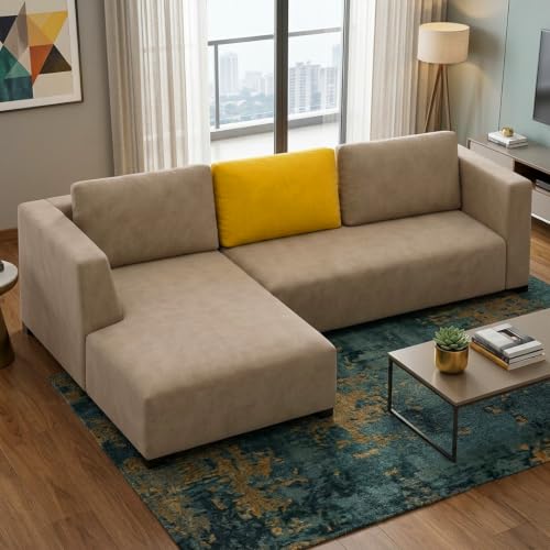 Image of FURNY Olympus 4 Seater LHS L Shape Sofa Set | Plush Velvet Suede Fabric | Modern Design | Soft Comfort Dual Color Cushions for Living Room, Office & Hotels (Beige-Yellow)