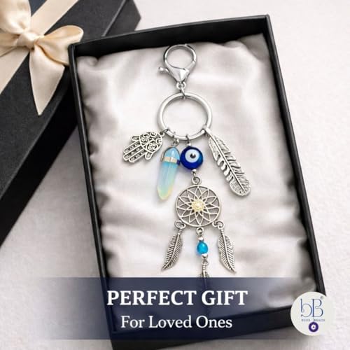 Image of BLUE BEADS Dreamcatcher Keychain with Nazar Charm - Lucky Protection Accessory for Car, Bag & Keys