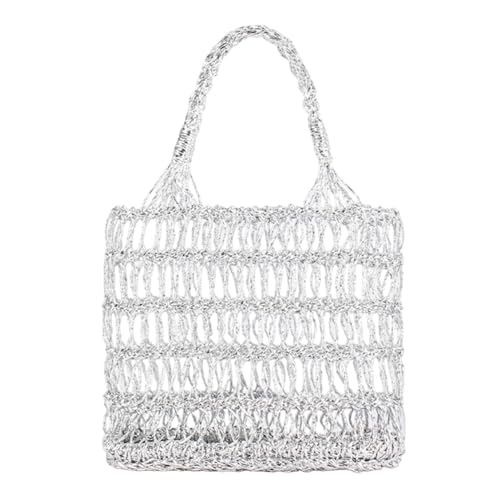 FUNSEED Bolsa de playa de paja para mujer, bolso dorado y plateado para playa y piscina, plateado, Small