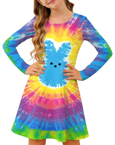 Image of Ithalt Girls Easter Dress Bunny Print Shirts Easter Long Sleeve Dresses Litter Girls Christian Easter Gifts 5-12y