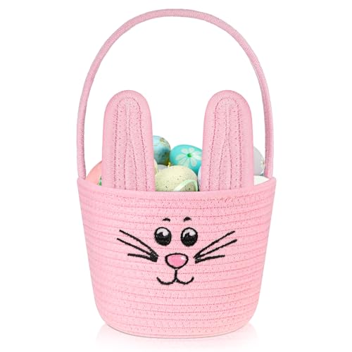 Image of Teenyyou Woven Easter Baskets Woven Bunny Baskets with Handles Eggs Hunt Bucket Rabbit Cotton Rope Basket Baby's First Easter Basket Gift for Toddler Boys Girls(Macaron Pink)