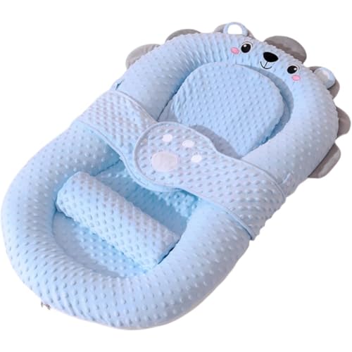 Riuuyyi ベビーベッド、新生児、ベッドインベッド、バイオニックスリーピングパッド、新生児、折りたたみ式、吐き戻し防止、眠りを誘うアーティファクト、おもちゃラック付き、ベビーギフト、出産祝い (ベビーベッド + スロープマット,ブルーライオン)