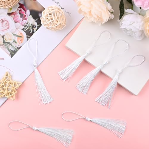 Image of NACHLYNN 120 Pcs Bookmark Tassels Bulk 13cm /5 Inch Silky Handmade Soft Craft Mini Tassels for Jewelry Keychain Making with Loops for Dress Decoration DIY Craft Accessory (White)