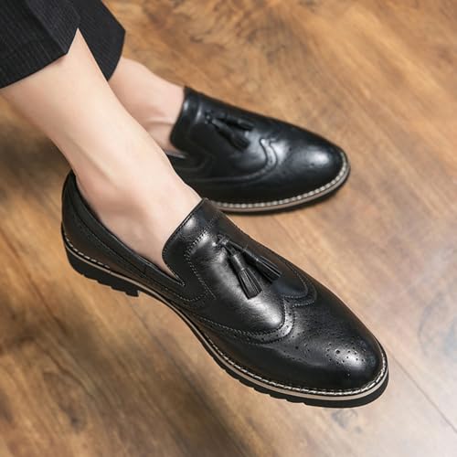 Mens Retro Brogue Leather Tassels Slip-On Dress Loafers Round Toe Non-Slip Low Top Casual Wingtip Shoes for Formal Business Wedding3