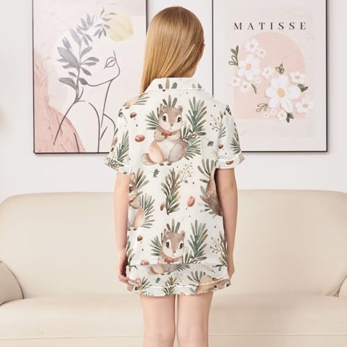 ALAZA Cute Cartoon Squirrel Pine Nut Pajamas Satin Pajama Set Short Sleeve Button Down Sleepwear4