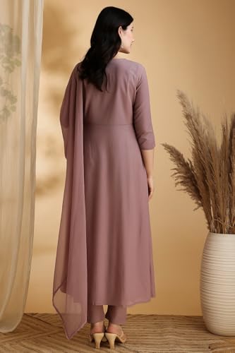 Image of NIVANA Womens Chinnon Angrakha Style Embroidered Anarkali Kurta with Pant and Dupatta | Solid Pattern A-Line Fit | Elegant V-Neck Kurta Set with 3 /4 Sleeves | Ethnic Festive and Wear Outfit