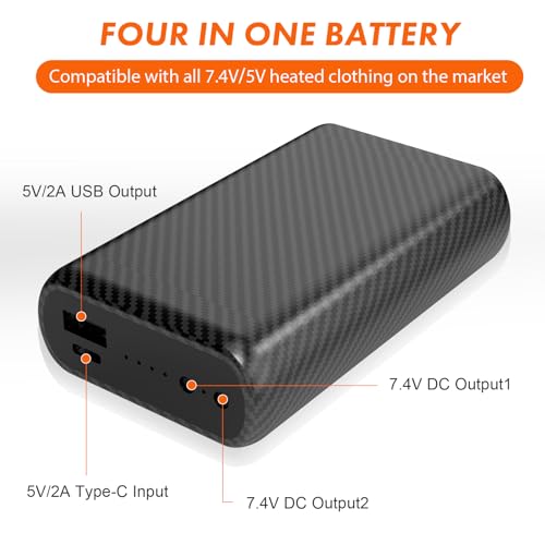 10,000mAh 7.4V Rechargeable Battery Pack for ORORO & Venustas Heated Vests and Jackets for Men and Women