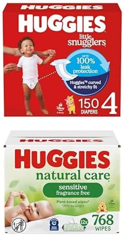 Paquete de pañales Huggies Little Snugglers para bebé, talla 4 (22-37 libras), 150 unidades + toallitas para bebé Huggies Natural Care Sensibles,