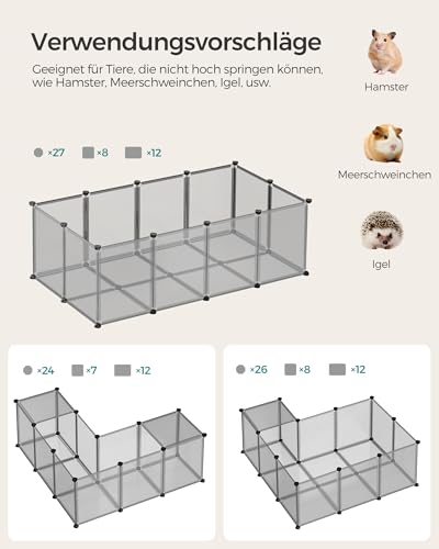 SONGMICS Freigehege mit Bodenplatten, Laufstall, Meerschweinchen Gehege, aus Kunststoff, Gehege für Hamster, Kaninchen, Igel, 143 x 73 x 46 cm, grau LPC002G01