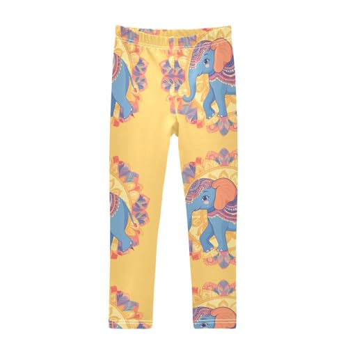 Elephant Mandala Floral Yellow Girls Casual Leggings for Kids Printed Long Pant Bottoms Stretch and Soft