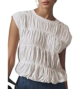 OLAPTA Women Shirred Tiered Tank Tops Crewneck Cap Sleeve Bubble Cute Babydoll Tee Shirts Summer ...