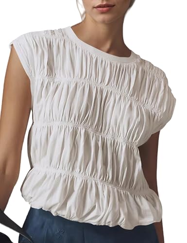 OLAPTA Women Shirred Tiered Tank Tops Crewneck Cap Sleeve Bubble Cute Babydoll Tee Shirts Summer Casual Pleated Blouse Top