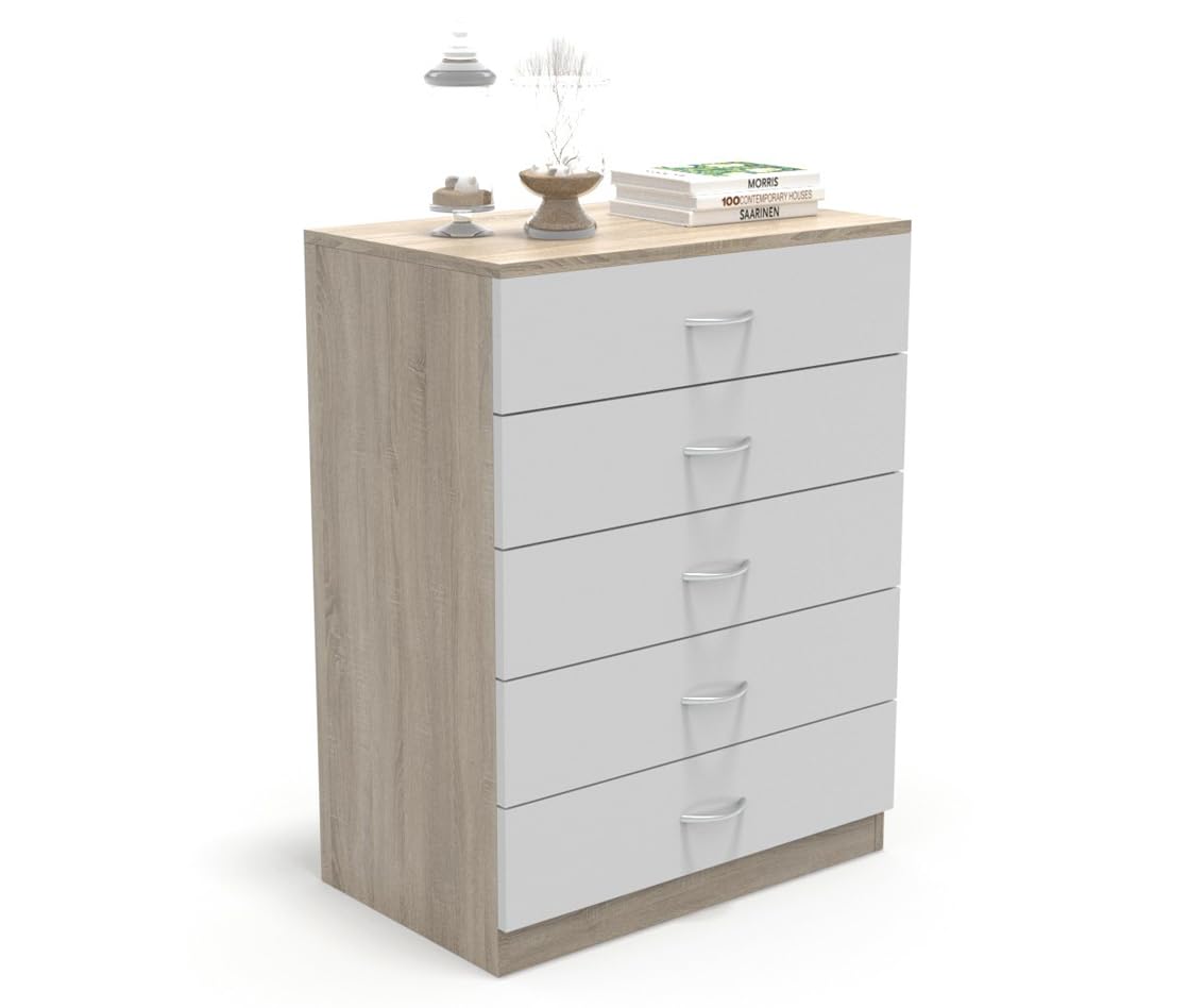 DORMIDAN - Cómoda 5 cajones guías metálicas, habitación Dormitorio, Armario con cajoneras. (Roble cajones Blancos)