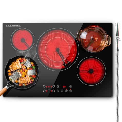 SNDOAS Electric Cooktop 30 inch 9000W 5-Burner Built-in Electric Stove Top with Ceramic Glass & 9 Power Levels 240V Hardwired Child Lock & Overheat Protection 30 for Standard Countertop Cutout