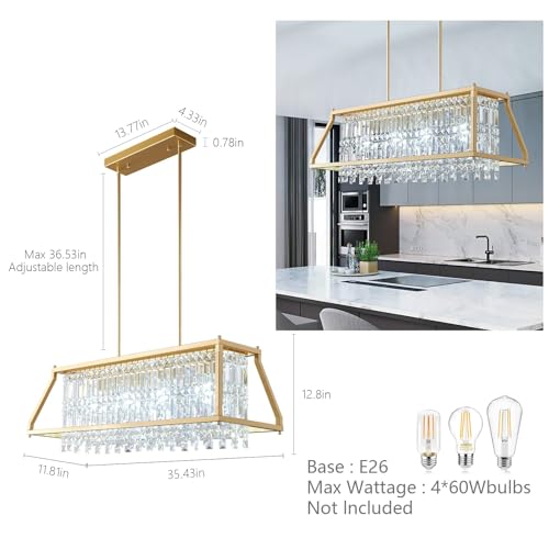 Image of LMQNINE Chandeliers for Dining Room, 4-Light Trapezoidal Industrial Dining Room Light Fixture Farmhouse Chandelier Crystal Pendant Lights Kitchen Island Living Room (Gold 35.43 inch)