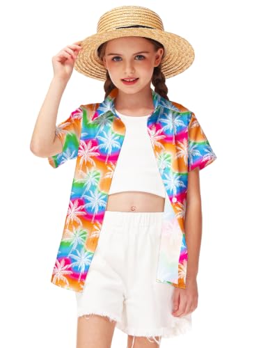 Image of Remimi Unisex Kids 4th of July Button Up Shirt Boys American Flag Print Hawaiian Beach Short Sleeve Tops 5-14 Years