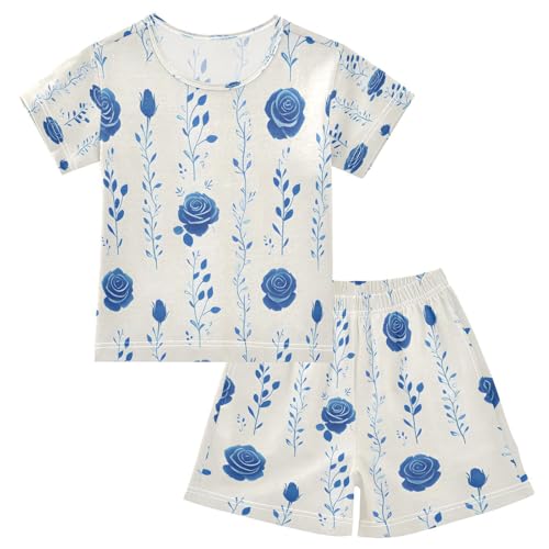 senya Short Sleeve Pajamas Sets Summer Cotton Sleepwear Blue Rose Leaves