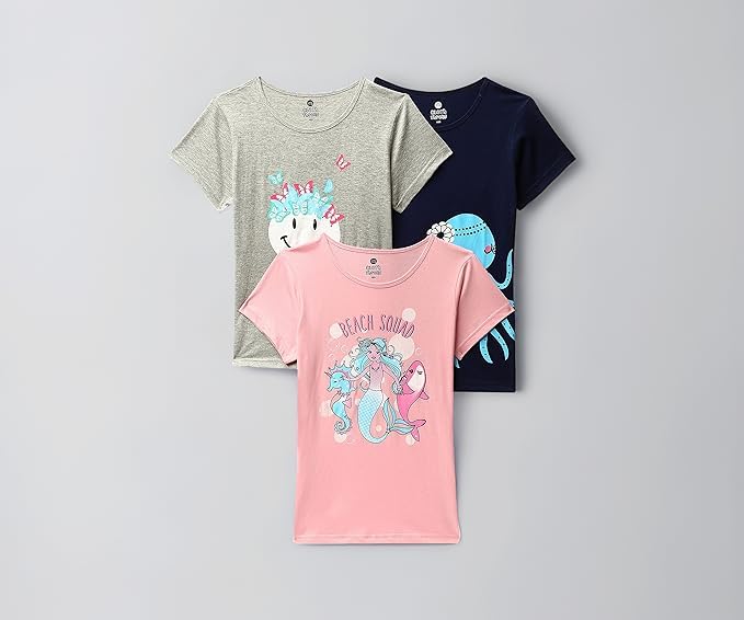 Image of Clotth Theory Girls Super Combed Cotton Regular Fit Round Neck Printed Short Sleeve Tshirt -Combo Pack of 3