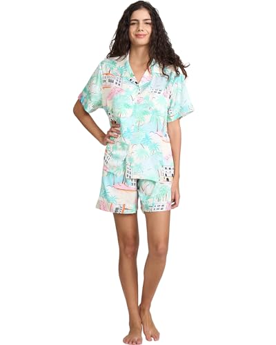 Image of YiNi LuLu Womens Silk Satin Shorts Pajamas Set Button Down 2 Piece Pjs Short Sleeve Oversized Sleepwear with Pockets