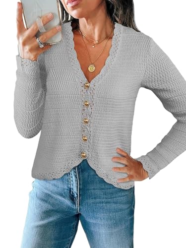 Image of Saodimallsu Womens V Neck Cardigan Sweaters Button Up Cropped Boho Knit Long Sleeve Loose Trendy Sweater Tops