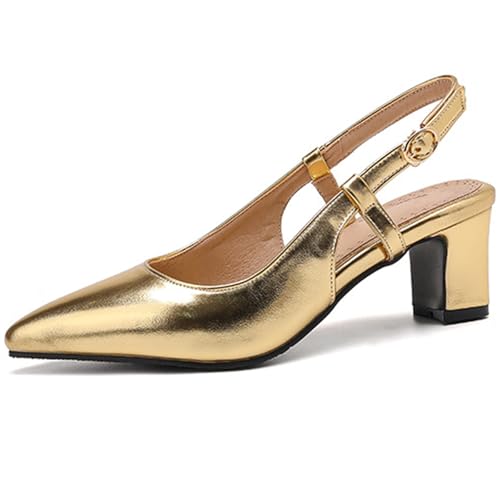 MiaZane Zapatos de salón Destalonados para Mujer Tacón de Gatito Tacón de Bloque Grueso Vestido de Punta Puntiaguda Zapatos de Novia para Boda y recepción PU Transpirable,Oro,48 EU