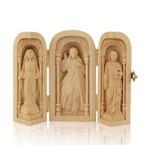 Suerhatcon Pequeño altar de viaje de madera portátil para la iglesia, estatua de tríptico religioso de Jesús, la madre de Dios y José, regalos religiosos Suerhatcon Pequeño altar de viaje de madera portátil para la iglesia, estatua de tríptico religioso de Jesús, la madre de Dios y José, regalos religiosos