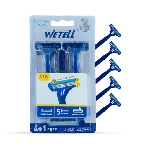 Image of WETELL Triple Blade Disposable Razors for Men with Aloe & Vitamin E Lubrication Strip, Super Stainless Steel Blades, 5 Razors (4+1 Free) (WT202537)