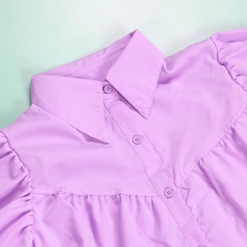 Image of WOKANSE Women's Cute Babydoll Dresses Casual Loose Puff Sleeves Ruffle Hem Button Down Pleated Shirt Dress