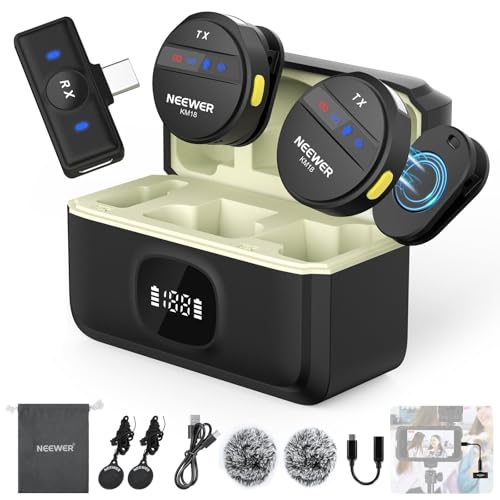 Image of NEEWER Wireless Lavalier Microphone System Compatible with iPhone Android Phone PC Laptop Computer, Noise Cancelling Mini Lapel Mic Set with USB C OTG Charging Case 24H Battery 200m Long Range, KM18