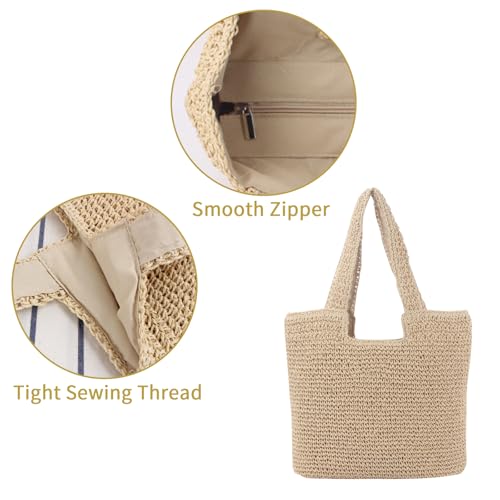 Beach Tote Bag for Women Weaving Casual Retro Bag with Zipper Closure Soft Large Shoulder Handbag Purse for Summer Travel Vacation Shopping Picnic Swim (Beige)4