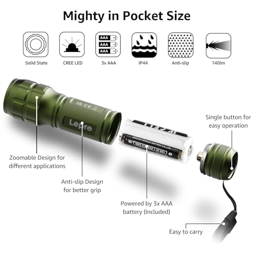 مصباح يدوي LED يعمل بالبطارية من ليبرو، مصباح يدوي صغير ساطع، تركيز قابل للتعديل، مصباح جيب مقاوم للماء، مصباح يدوي خفيف الوزن لقطع الطاقة، التخييم، المشي مع الكلاب، للاطفال والرجال والاب، اخضر، عبوة من قطعتين